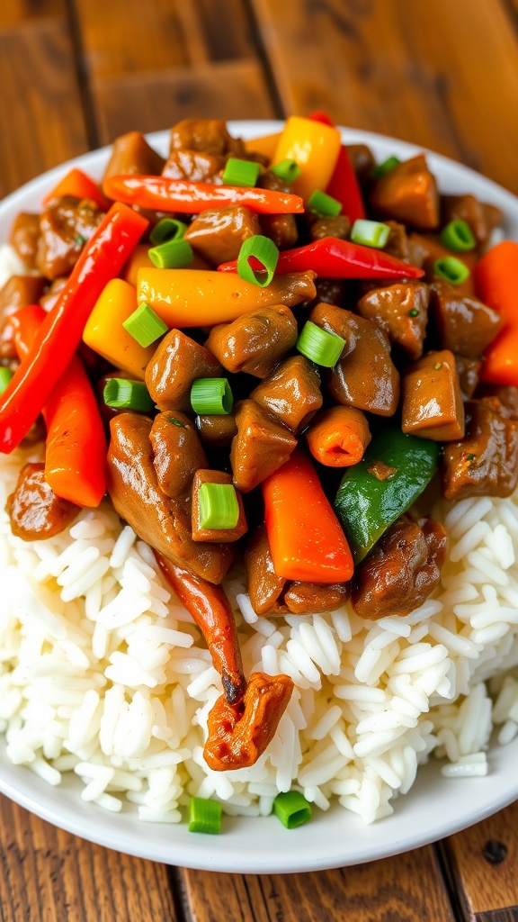A colorful pork mince stir-fry with bell peppers and carrots over white rice, garnished with green onions.